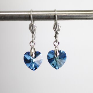 Silver Night Glam Heart Earrings with 10 mm Swarovski Crystals, handmade 77 Crystal Bermuda Blue