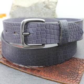 Leather Belt with Buckle Handmade, Classic Casual 100% Full Grain Leather Belt 4 cm, - Croco Look Blau Matt