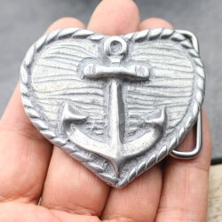 Rustical Silver Anchor on Heart Belt buckle, with knurled border