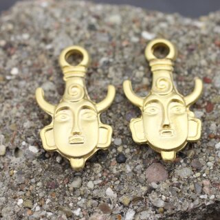 2 Pcs. African Tribal Face Charms, Matte Gold Pendants, Necklace Dangles, Earring Findings, Unique Tribal Face Pendants