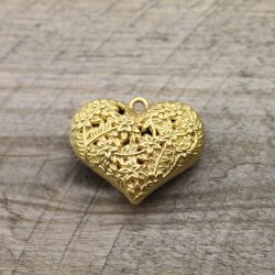 1 Pcs. Vintage Style Matte Gold Heart Pendant, Floral...