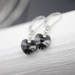 Silver Night Glam Heart Earrings with 10 mm Swarovski Crystals, handmade